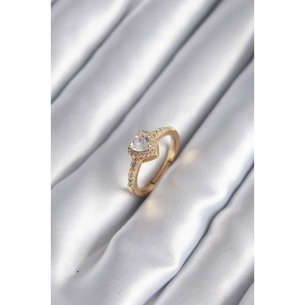 Pirinç Gold Renk Zirkon Taşlı Kalp Charm Model Kadın Yüzük TJ-BYK2959
