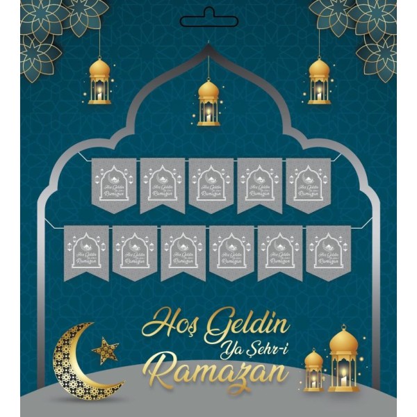 Gümüş Renk Hoşgeldin Ya Şehr-i Ramazan Yazılı Banner Ramazan Süslemesi 230 cm