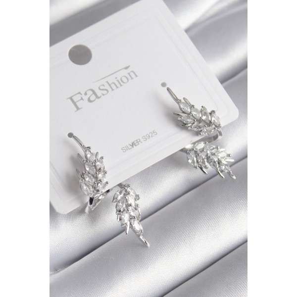 Pirinç Gümüş Renk Zirkon Taşlı Yaprak Model Kadın Küpe TJ-BKP8608