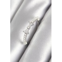 Pirinç Gümüş Renk Zirkon Taşlı Kurdele Model İnci Detay Kadın Yüzük TJ-BYK3060