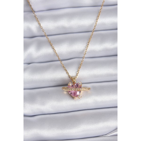 316L Çelik Gold Renk Zincir Pembe Kristal Kalp Model Zirkon Taş Detay Kadın Kolye TJ-BKO7747