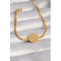 316L Çelik Gold Renk İtalyan Zincir Model İşlemeli Madalyon Figür Kadın Bileklik TJ-BB5933