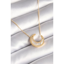 316L Çelik Gold Renk Beyaz Sedefli Hilal Model Kadın Kolye TJ-BKO8362