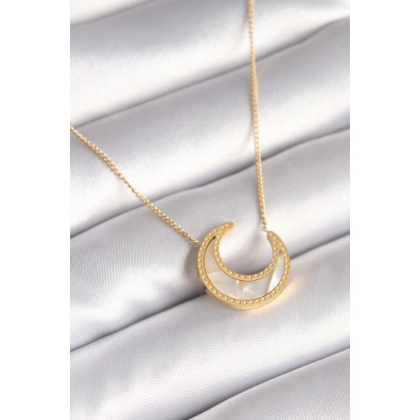 316L Çelik Gold Renk Beyaz Sedefli Hilal Model Kadın Kolye TJ-BKO8362