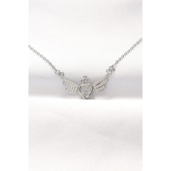 316L Çelik Silver Renk Zirkon Taşlı Kalpli Kanat Kolye TJ-BKO8515