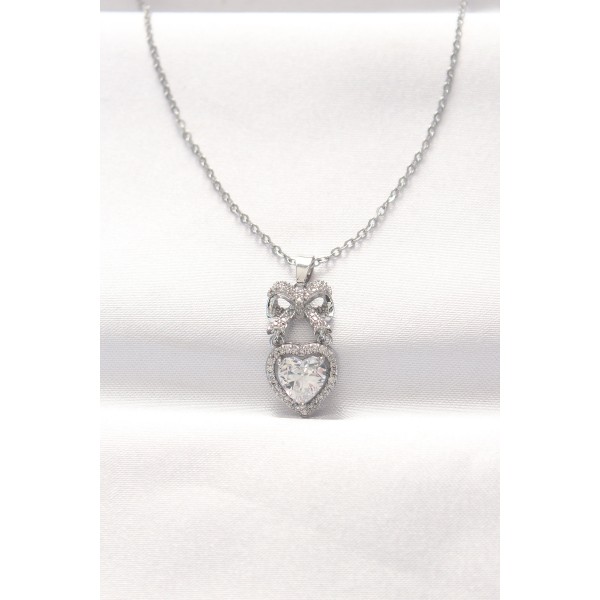 316L Çelik Silver Renk Zirkon Taşlı Kalpli Fiyonk Kolye TJ-BKO8519