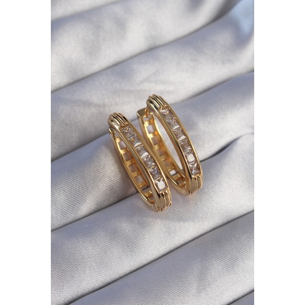 Pirinç Gold Renk Zirkon Taşlı Oval Model Küpe TJ-BKP9079