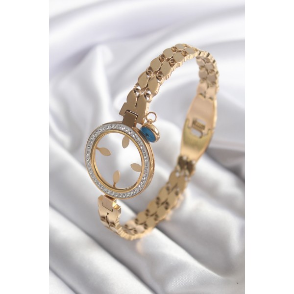 316L Çelik Gold Renk Arpa Model Zirkon Taş Detay Altın Takılabilir Kadın Kelepçe - TJ-BB5765