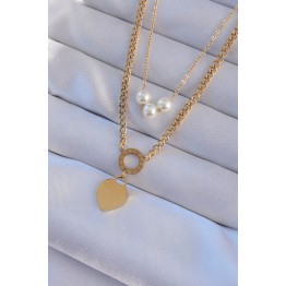 316L Çelik Gold Renk Çift Zincir İnci Detayı Love Kalp Kolye TJ-BKO8939