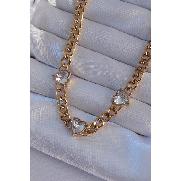 316L Çelik Gold Renk Zirkon Taşlı Kalp Model Zincir Kolye TJ-BKO8949