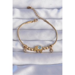 316L Çelik Gold Renk Zirkon Taşlı Nazarlı Fil Tasarımlı Bileklik TJ-BB6202