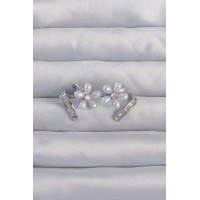 Pirinç Gümüş Renk Zirkon Taşlı Kıvrımlı İnci Çiçek Küpe TJ-BKP9276