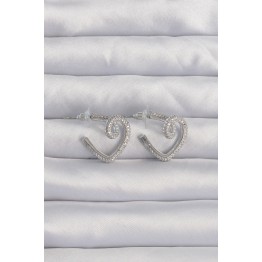 Pirinç Gümüş Renk Zirkon Taşlı Kıvrımlı Yarım Kalp Küpe TJ-BKP9278