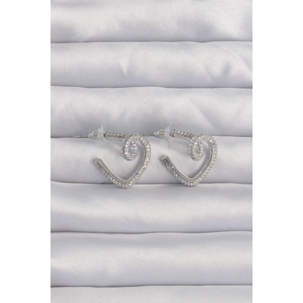 Pirinç Gümüş Renk Zirkon Taşlı Kıvrımlı Yarım Kalp Küpe TJ-BKP9278