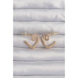 Pirinç Gold Renk Zirkon Taşlı Kıvrımlı Yarım Kalp Küpe TJ-BKP9279