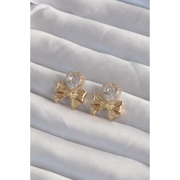 Pirinç Gold Renk Zirkon Taşlı Kalp Model Fiyonk Küpe TJ-BKP9311