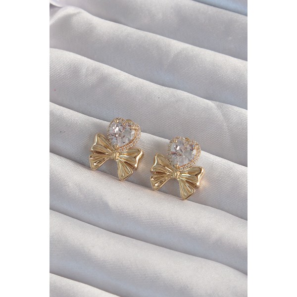 Pirinç Gold Renk Zirkon Taşlı Kalp Model Fiyonk Küpe TJ-BKP9311