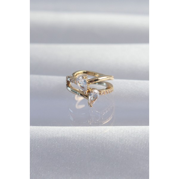 Pirinç Gold Renk Zirkon Taşlı Damla Earcuff Küpe TJ-BKP9335
