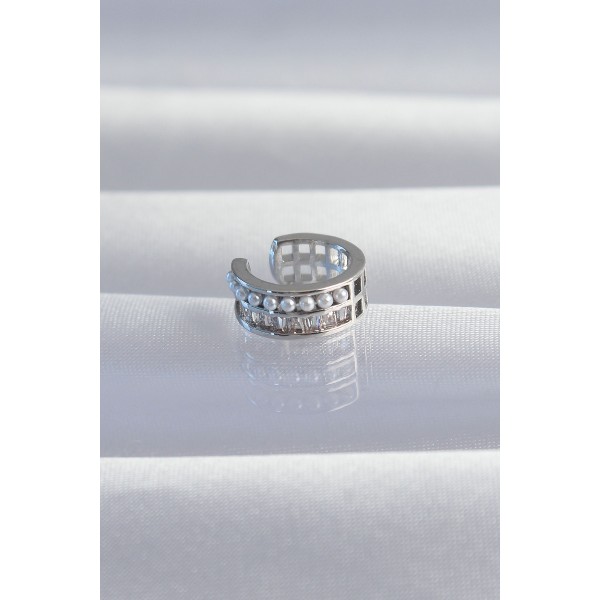 Pirinç Gümüş Renk İncili Baget Taşlı Earcuff Küpe TJ-BKP9338