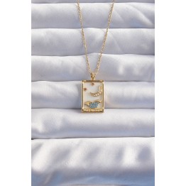 316L Çelik Zincir Gold Renk Ay Detay Mavi Zirkon Taşlı Tarot Kolye TJ-BKO8980