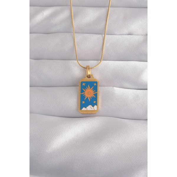 316L Çelik Gold Renk Mavi Mineli Güneş Model Tarot Kolye TJ-BKO9026