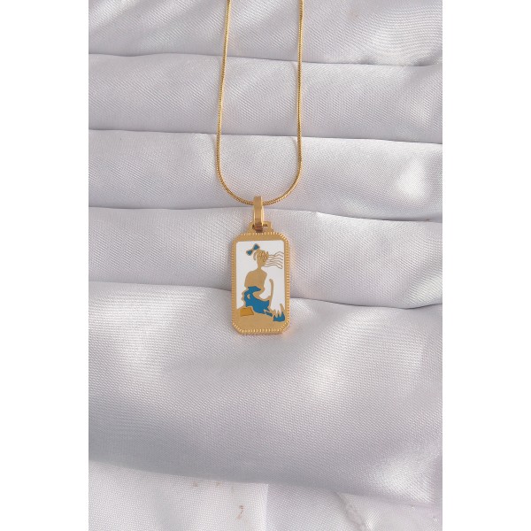 316L Çelik Gold Renk Beyaz Mineli Kız Figür Tarot Kolye TJ-BKO9027