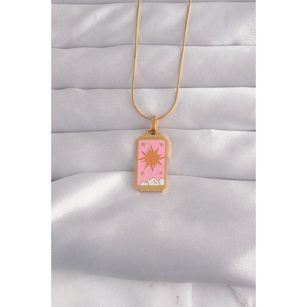 316L Çelik Gold Renk Pembe Mineli Güneş Model Tarot Kolye TJ-BKO9029