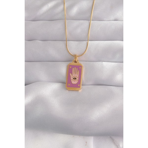 316L Çelik Gold Renk Mor Mineli El Figür Tarot Kolye TJ-BKO9034