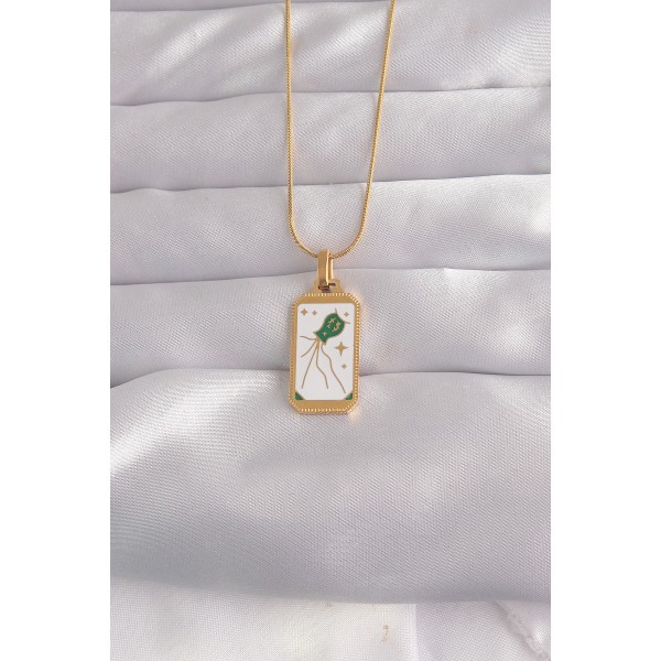 316L Çelik Gold Renk Beyaz Mineli Tarot Kolye TJ-BKO9039