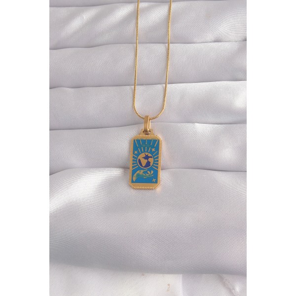 316L Çelik Gold Renk Mavi Mineli El Figür Tarot Kolye TJ-BKO9040