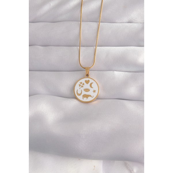 316L Çelik Gold Renk Beyaz Mineli Karışık Figürlü Tarot Kolye TJ-BKO9041
