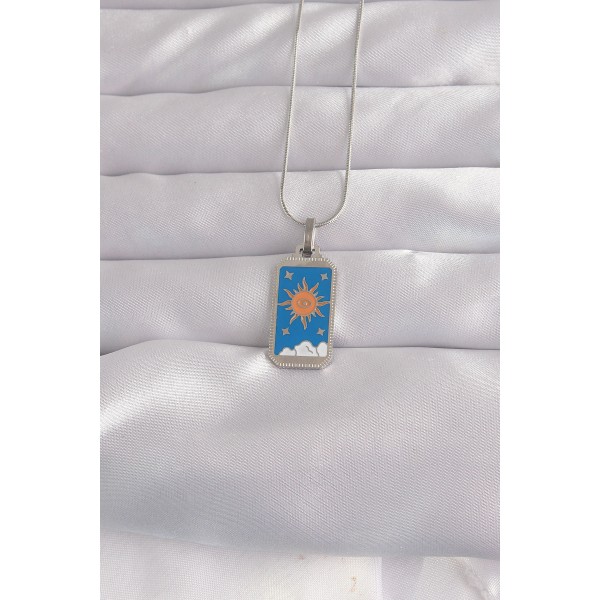 316L Çelik Gümüş Renk Mavi Mineli Güneş Model Tarot Kolye TJ-BKO9042