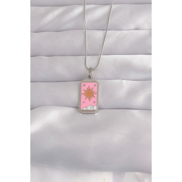 316L Çelik Gümüş Renk Pembe Mineli Güneş Model Tarot Kolye TJ-BKO9043