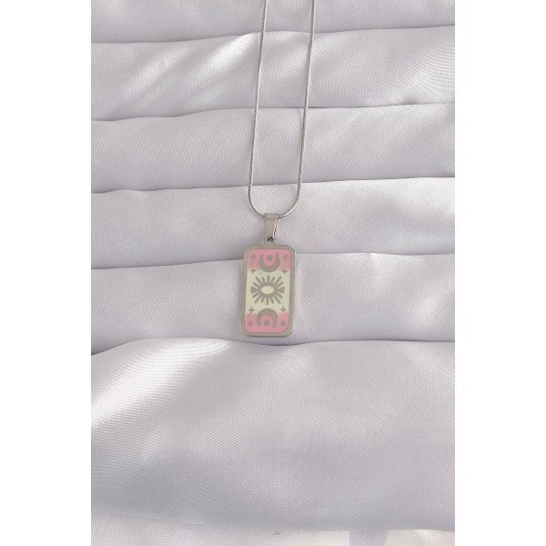 316L Çelik Gümüş Renk Pembe Mineli Ay Figür Tarot Kolye TJ-BKO9045