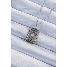 316L Çelik Zincir Eskitme Gümüş Renk Pembe Mineli Kalp Figürlü Tarot Kolye TJ-BKO9232