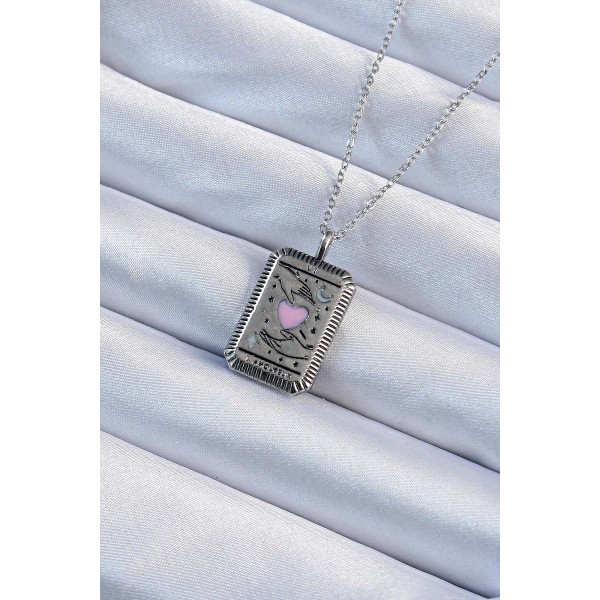 316L Çelik Zincir Eskitme Gümüş Renk Pembe Mineli Kalp Figürlü Tarot Kolye TJ-BKO9232