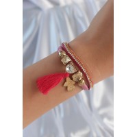 Pembe Renk Zirkon Taşlı Püskül Detay Deri Çoklu Bileklik TJ-BB6343