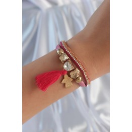 Pembe Renk Zirkon Taşlı Püskül Detay Deri Çoklu Bileklik TJ-BB6343