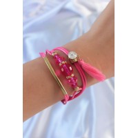 Pembe Zirkon Taşlı İpli Püskül Detay Çoklu Bileklik TJ-BB6360