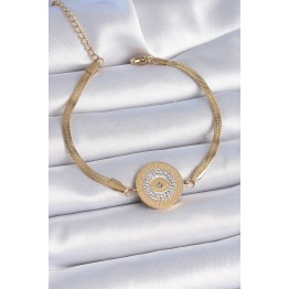 316L Çelik Gold Renk İtalyan Zincir Zirkon Taşlı Göz İşlemeli Madalyon Model Kadın Bileklik TJ-BB6445