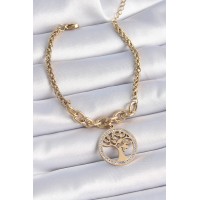 316L Çelik Gold Renk Zirkon Taşlı Yaşam Ağacı Figür Kadın Bileklik TJ-BB6452