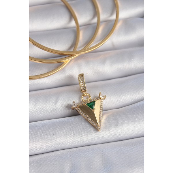 Pirinç Gold Renk Zirkon Taşlı 3D Üçgen Model Ajda Charm TJ-BC1002