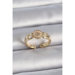 Pirinç Gold Renk Zirkon Taşlı İncili Kalp İşleme Detay Ayarlanabilir Kadın Yüzük TJ-BYK3358