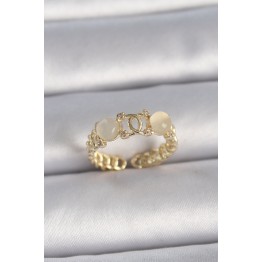 Pirinç Gold Renk Ayarlanabilir Zirkon Taşlı Beyaz Mineli Birleşik Halka Model Kadın Yüzük TJ-BYK3402