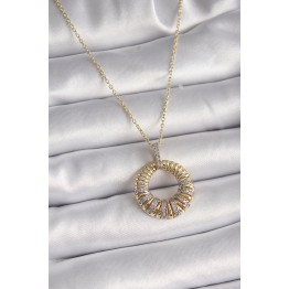 316L Çelik Gold Renk Zincir Gümüş Zirkon Taşlı Daire Model Kadın Kolye TJ-BKO9481