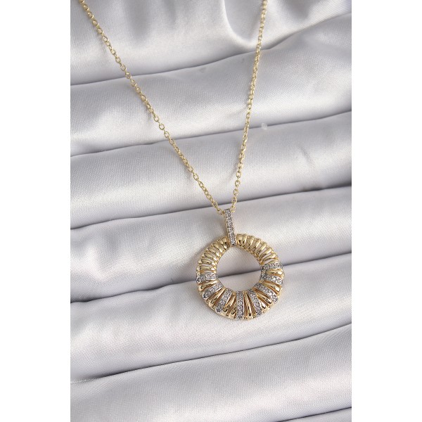 316L Çelik Gold Renk Zincir Gümüş Zirkon Taşlı Daire Model Kadın Kolye TJ-BKO9481