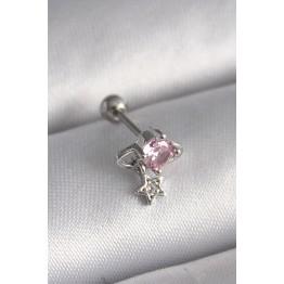 316L Çelik Gümüş Renk Pembe Zirkon Taşlı Sallantı Yıldız Detay Tragus Piercing TJ-PR1237