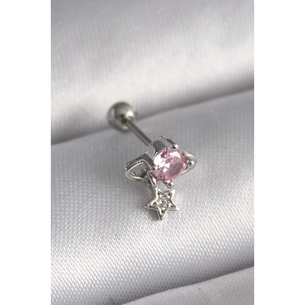 316L Çelik Gümüş Renk Pembe Zirkon Taşlı Sallantı Yıldız Detay Tragus Piercing TJ-PR1237