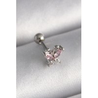 316L Çelik Gümüş Renk Pembe Zirkon Taşlı Tragus Piercing TJ-PR1241