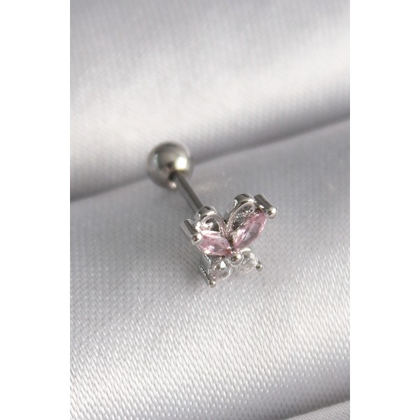 316L Çelik Gümüş Renk Pembe Zirkon Taşlı Tragus Piercing TJ-PR1241
